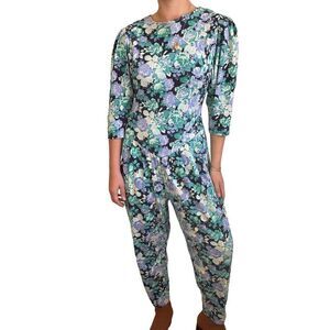 Vintage 80s Womens Brittany Nicole Blue Floral Jumpsuit Hippie Retro Romper Sz M